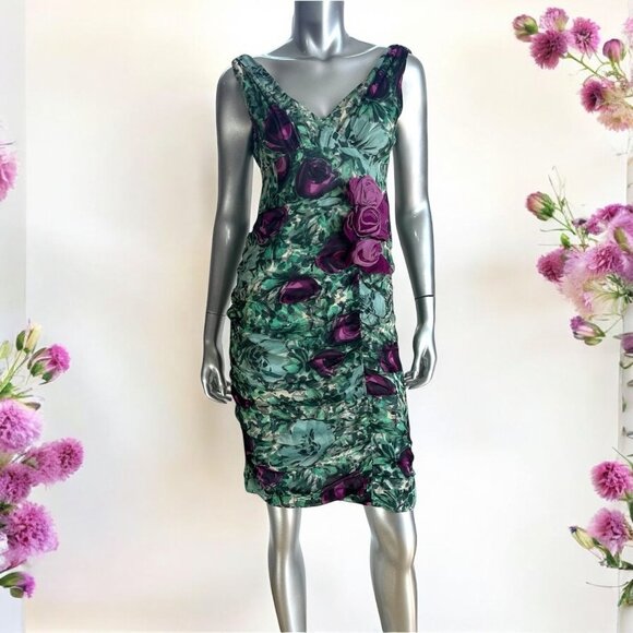 Nanette Lepore Silk Green & Purple Floral Print Sleeveless Dress with Ruching 4 - Picture 4 of 10